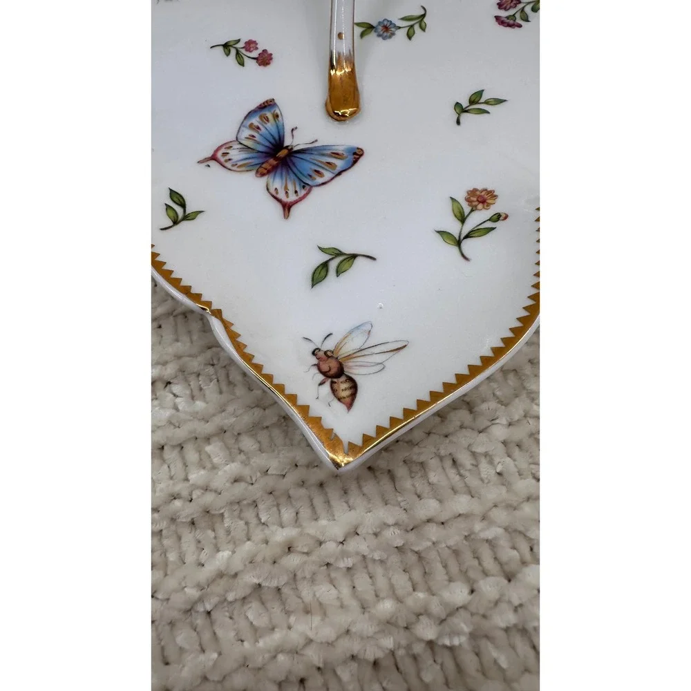 I Godinger & Co Leaf Dish Butterfly Porcelain Trinket‎ Dish Candy Tray Gold Trim